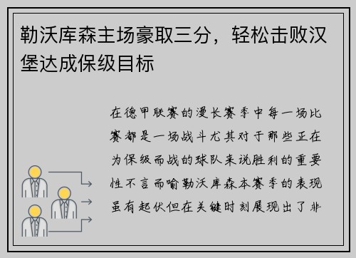勒沃库森主场豪取三分，轻松击败汉堡达成保级目标